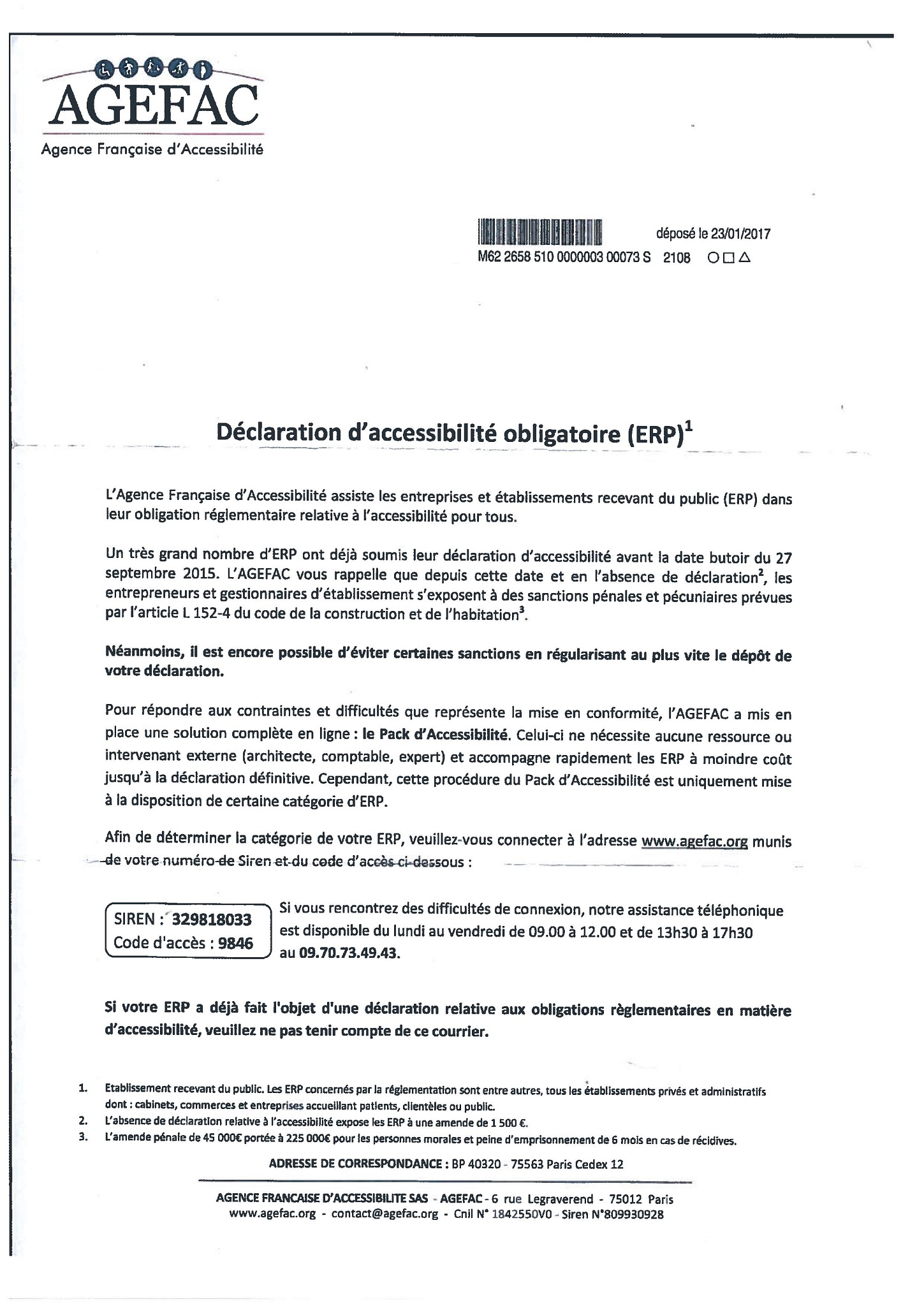 AGEFAC - Courrier publicitaire - Plainte fondée - JDP